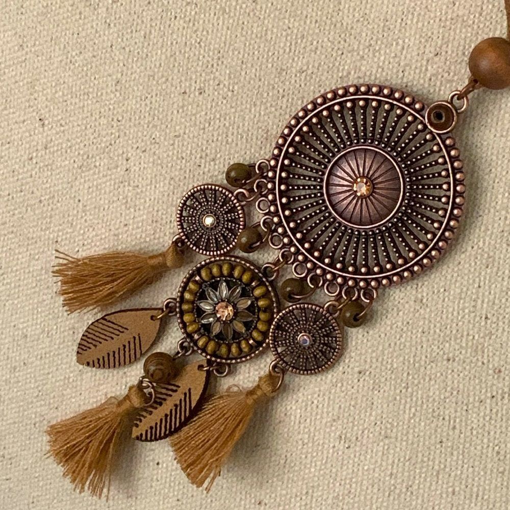 Men’s Boho Medallion Pendant Necklace – Bronze Tone with Faux Suede Cord